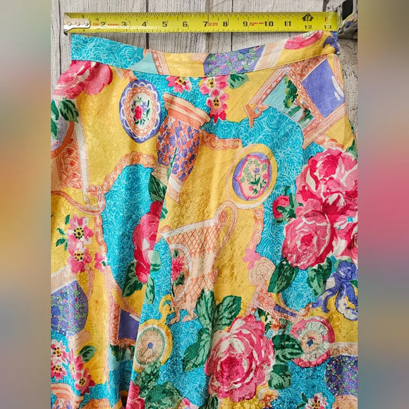 Vintage 100% Silk Made In Korea Floral Clock Print Asian Inspire Skirt Midi Maxi - Picture 7 of 11